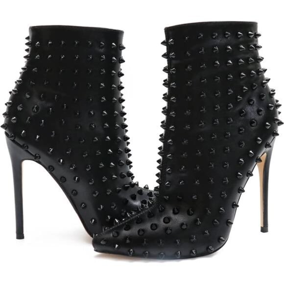 Women’s Rhinestone Black Ankle Boots Pointed Toe Stiletto Heel with Rivets - Picture 6 of 9